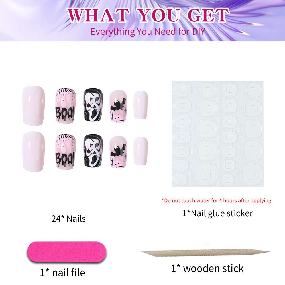 24pcs Halloween Nail Art Set, Ghost Bat Boo! Design, Glossy Finish, Medium Oval Shape, Easy Peel-Off, Perfect for Parties & Festivals