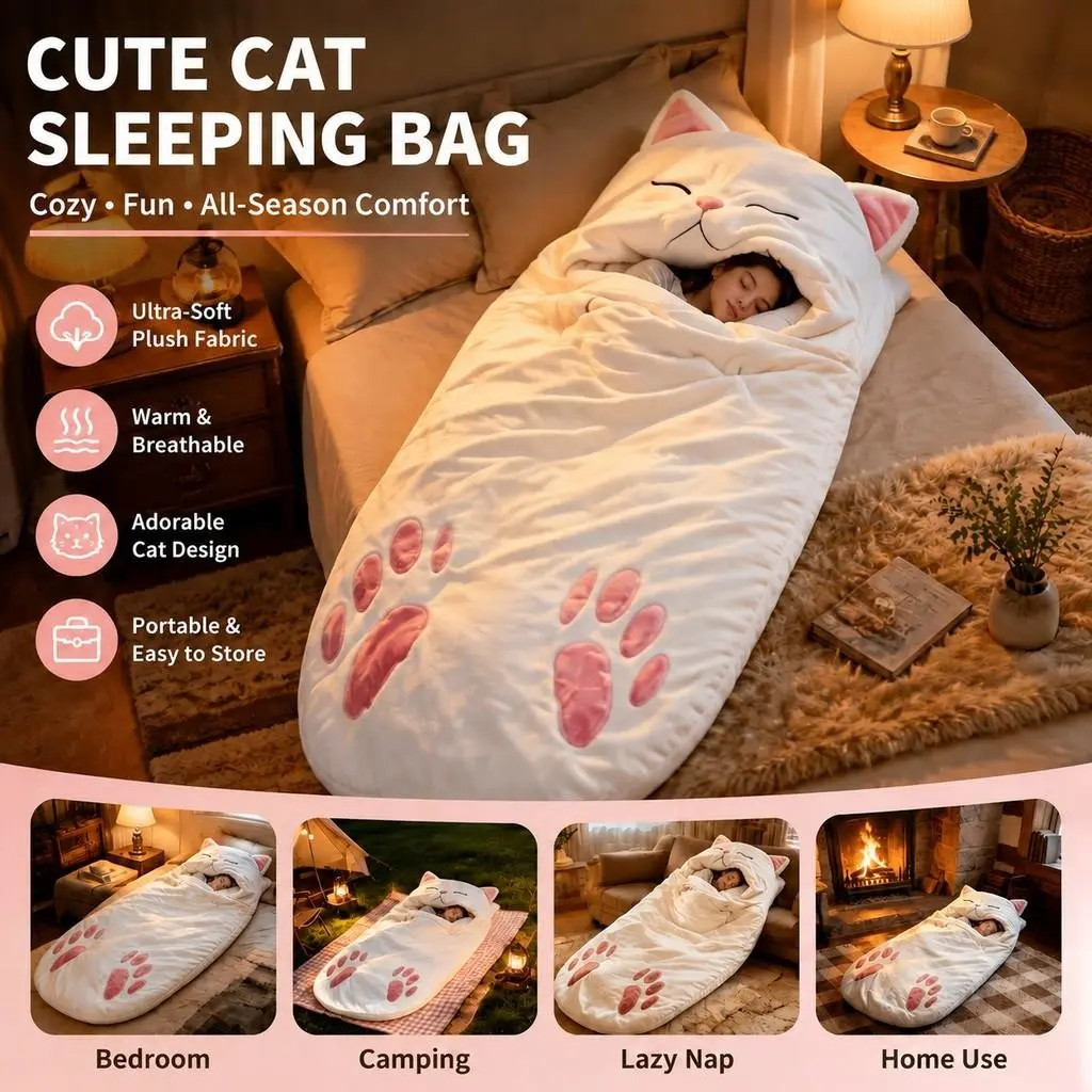 Cute Cartoon Cat Sleeping Bag for Adults, Full-Body Design, Portable Ultra-Soft Indoor Sleep Sack, Ideal for All Year-Round Use