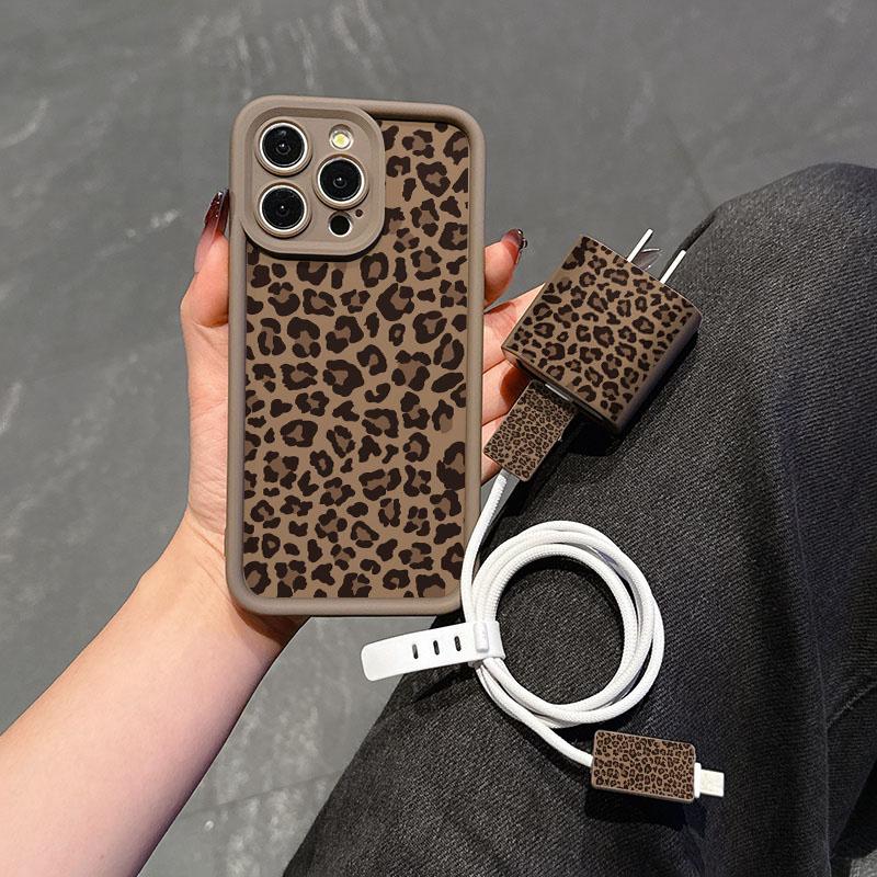 iPhone Case Set Leopard Print Design, Shockproof Phone Cover with Charger Protector & Cable Organizer Accessories for iPhone 15 Series