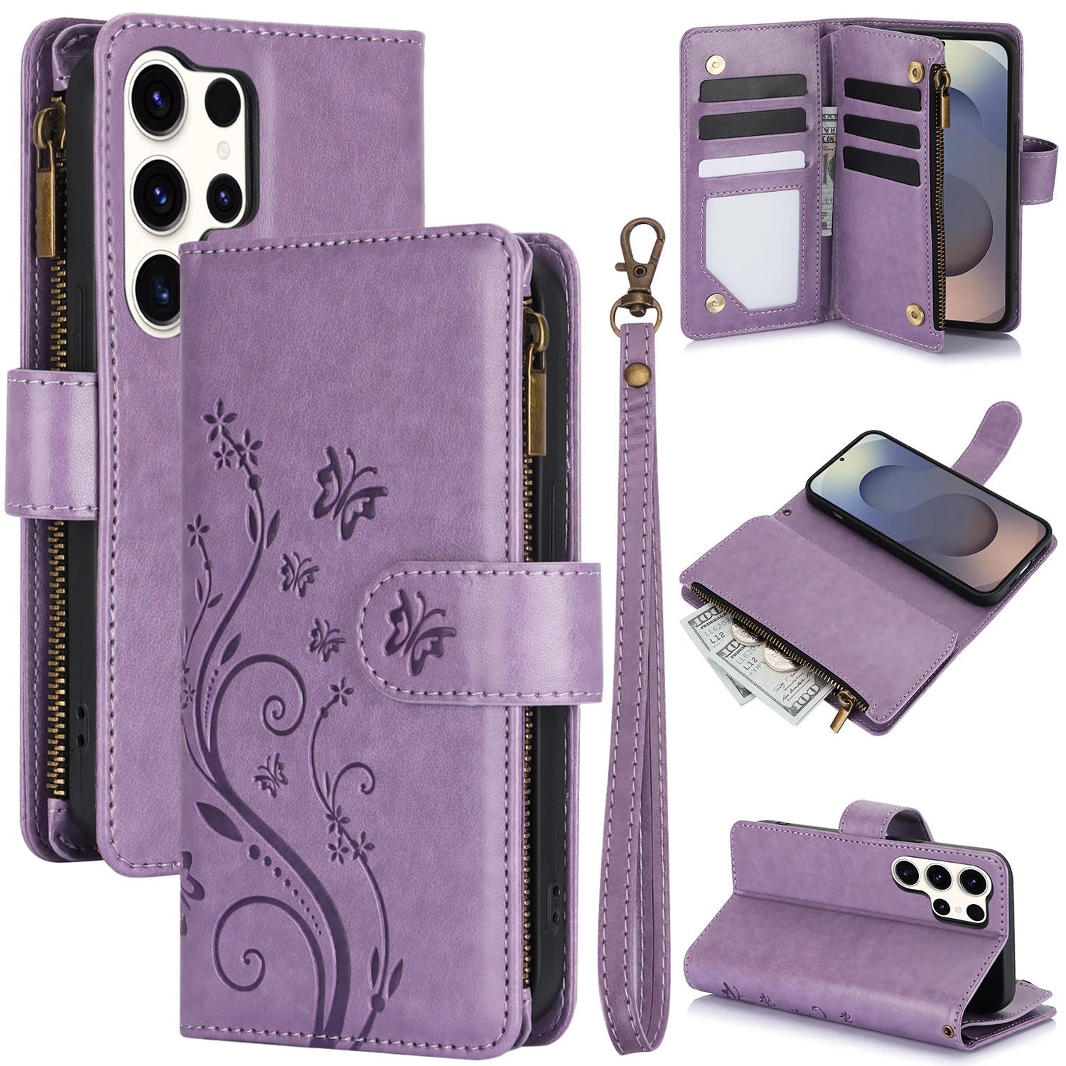 Zipper Cards Solt Wallet Leather Emboss Butterfly Tree Bag Case For Samsung Galaxy S26 S25 Ultra S25 Plus S24 S23 A26 A36 A56 Cover