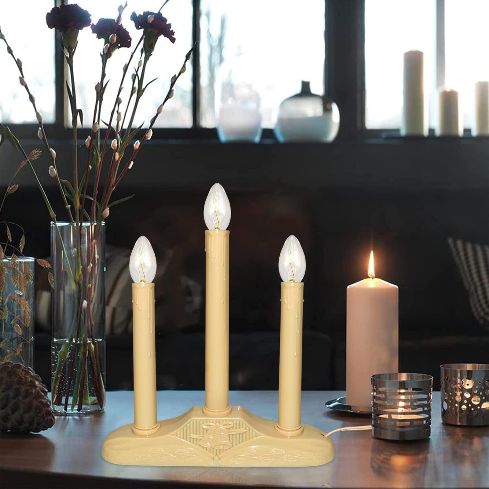 Christmas Three-Head Electric Candle Holder, American Vintage Style, Wax Flow Design, Warm Light, Backup Bulb Fuse, Window Mantel Fireplace Decor