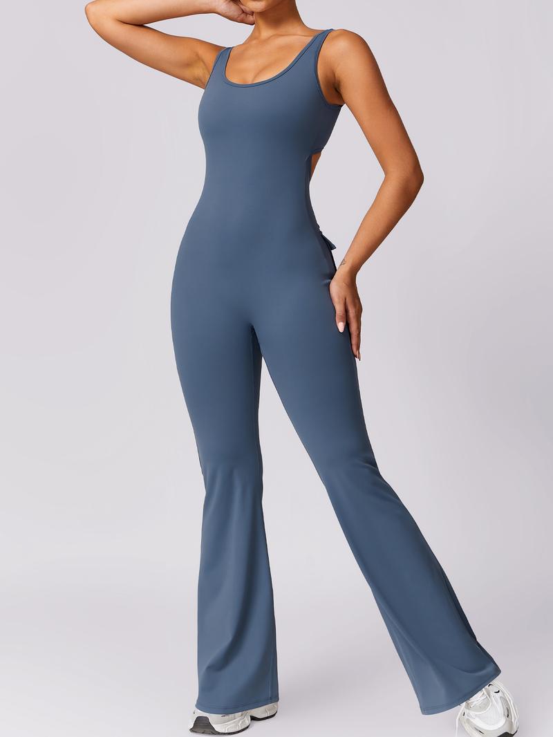 NcmRyu Women's Sleeveless Square Neck Open-Back Flare Jumpsuit - Buttery-Soft 4-Way Stretch Cargo Ruched Sculpting Trendy Activewear Workout Gym Clothing Workout Apparel jumpsuits for women