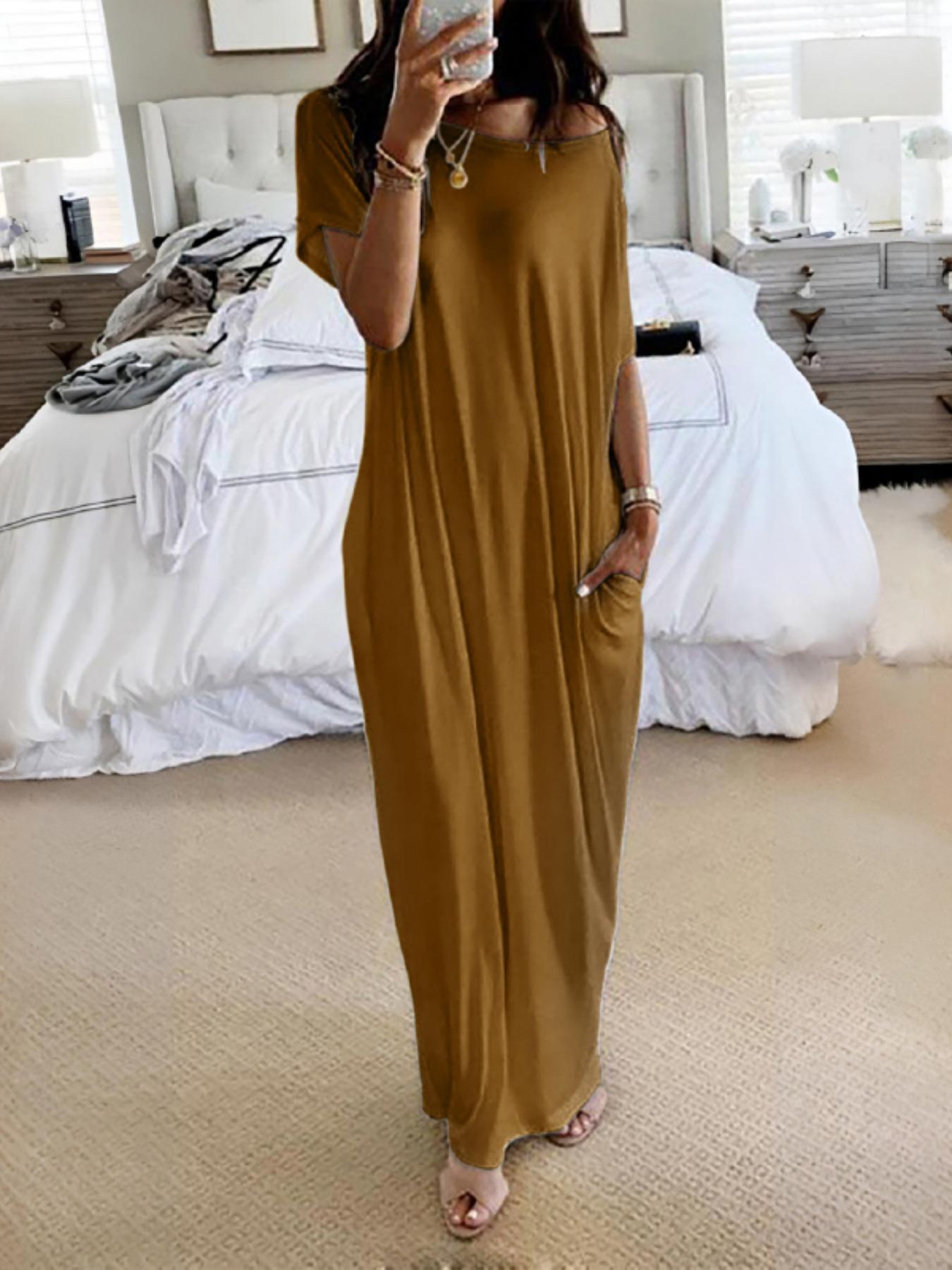 Women's Loose-Fit Casual Soft Dress, Round Neck Short Sleeve Comfortable Everyday Home Wear, Elegant Victorian Style for Fall Winter Season