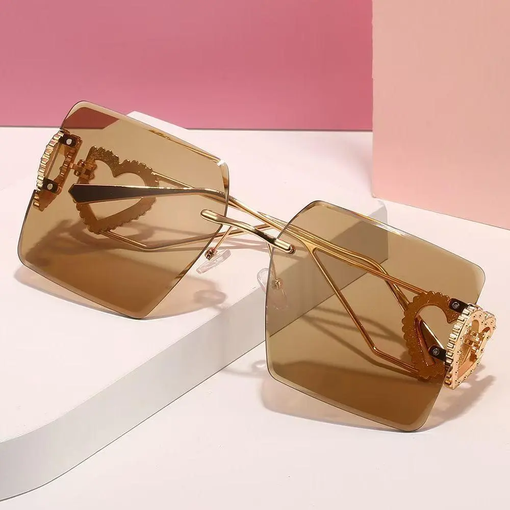 Frameless Square Sunglasses with Heart Detail, Trendy Gradient Lens Fashion Eyewear