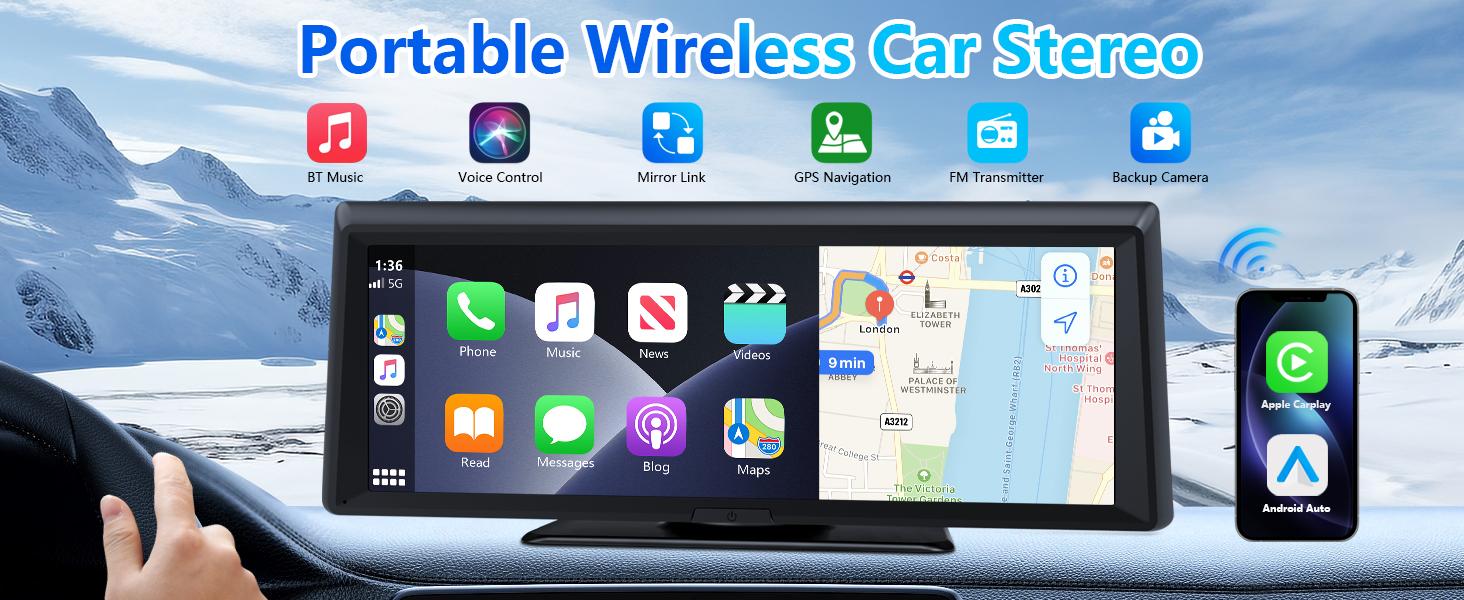【Hieha】2026 Top-Rated Carplay Dash Cam:Updated 8.14" Portable Touchscreen with Wireless Carplay, Android Auto, 1080P Backup, and 2K Front Camera — Complete GPS Navigation System Carplay for Any Car Carplay  Screen Big Screen Carplay