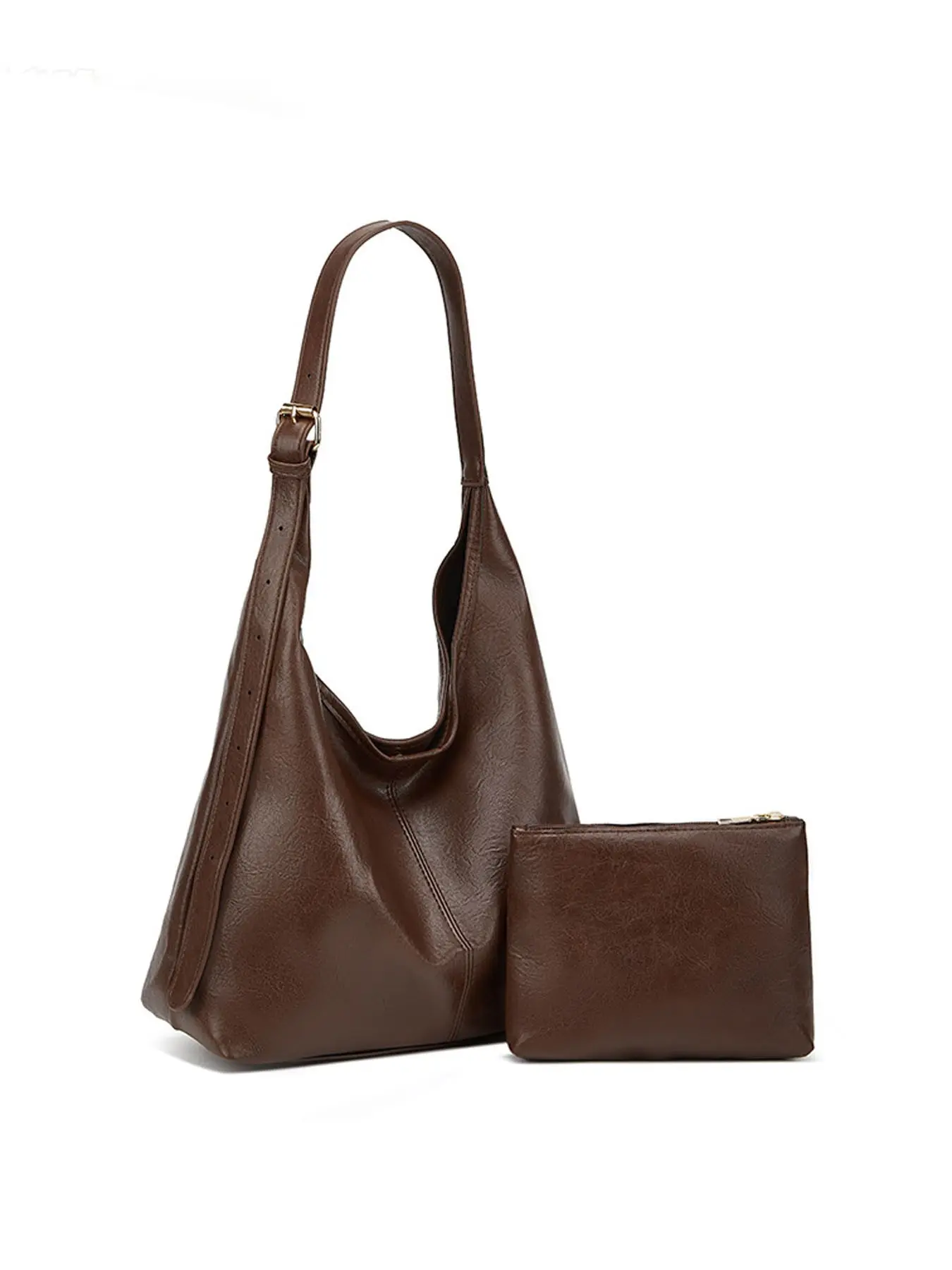 Fashion Vintage Brown PU Slouchy Tote Shoulder Bag, 2-Piece Bag Set Including Small Zipper Pouch, Adjustable Strap Design, Stylish Fall Winter Accessory, Trendy Back-to-School Bag for College Girls