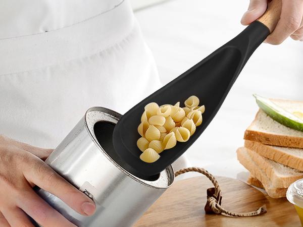 Cooking Spoon for Nonstick Cookwares, Great for Cooking and Serving Durable BPA-Free Matte Silicone, Wood Handle Spoon for Mixing, Scoop, and Scrape