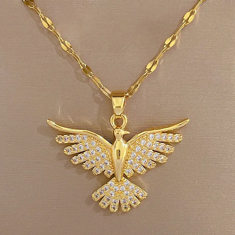 Gold Dove Pendant Necklace for Women Iced Out Crystal Bird Charm Stainless Steel Link Chain Jewelry Aesthetic Religious Holy Spirit Symbol Dainty Y2K Hip Hop Choker Gift for Her Tarnish Free Hypoallergenic Layering Daily Fashion Wear
