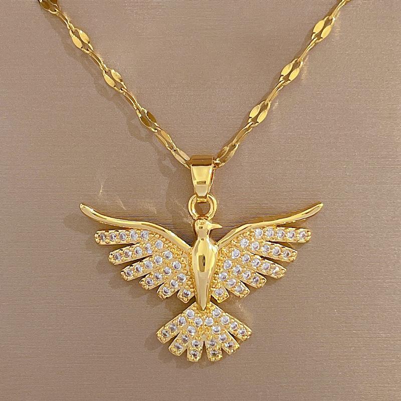 Gold Dove Pendant Necklace for Women Iced Out Crystal Bird Charm Stainless Steel Link Chain Jewelry Aesthetic Religious Holy Spirit Symbol Dainty Y2K Hip Hop Choker Gift for Her Tarnish Free Hypoallergenic Layering Daily Fashion Wear