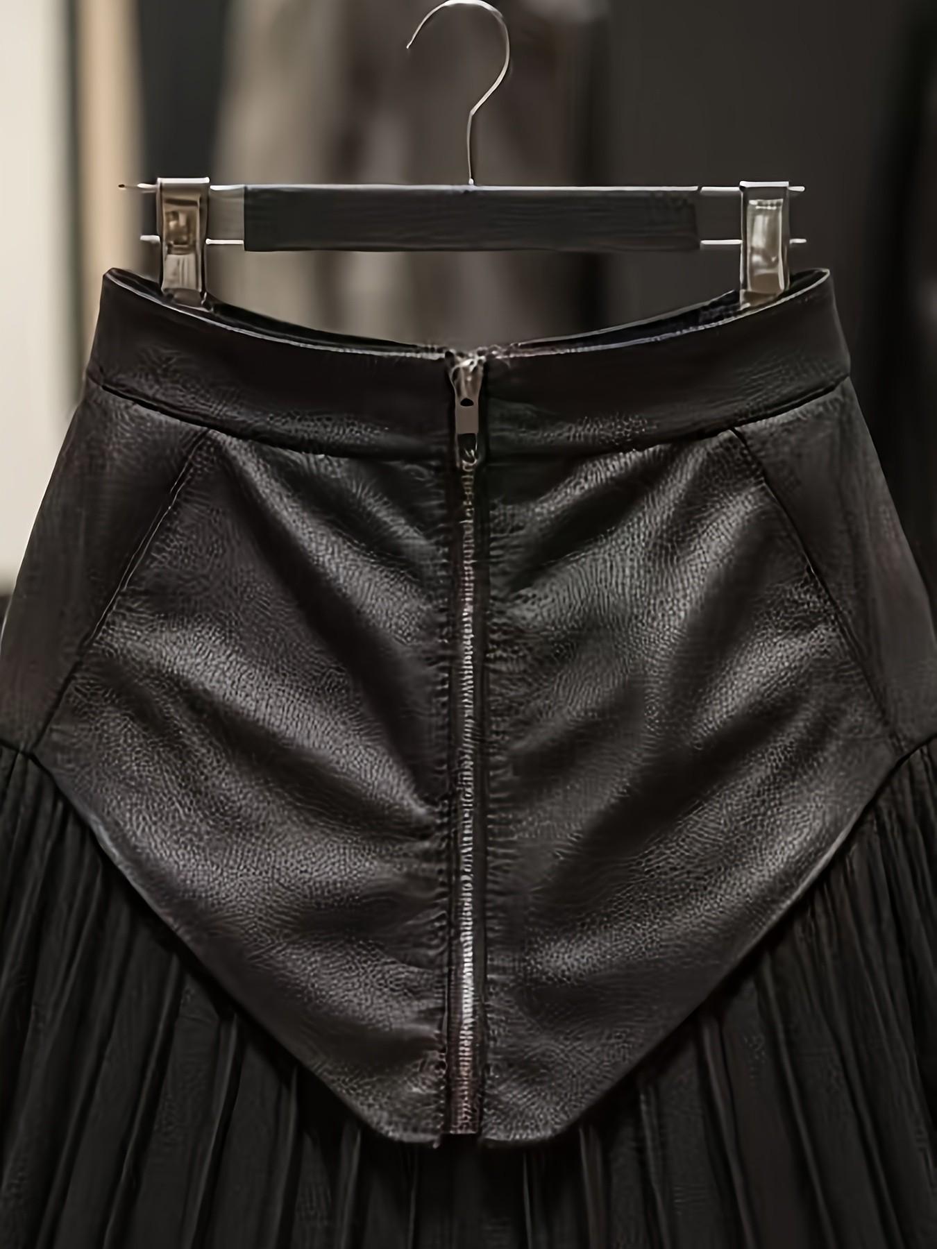 Elegant Women's High-Waisted Short Skirt, Leather and Mesh Patchwork Pleated Skirt, Casual Office Fashion, All-Season Wear, Zipper