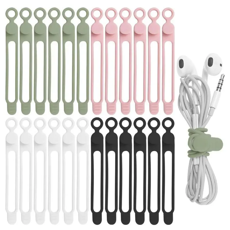 24Pcs Silicone Cable Straps - Reusable Buckle Cord Organizer for Headphones, USB Cable, Phone Charger, Computer Cords - 4.2-inch Black Wire Management for Home, Office Desk Organizer Supplies