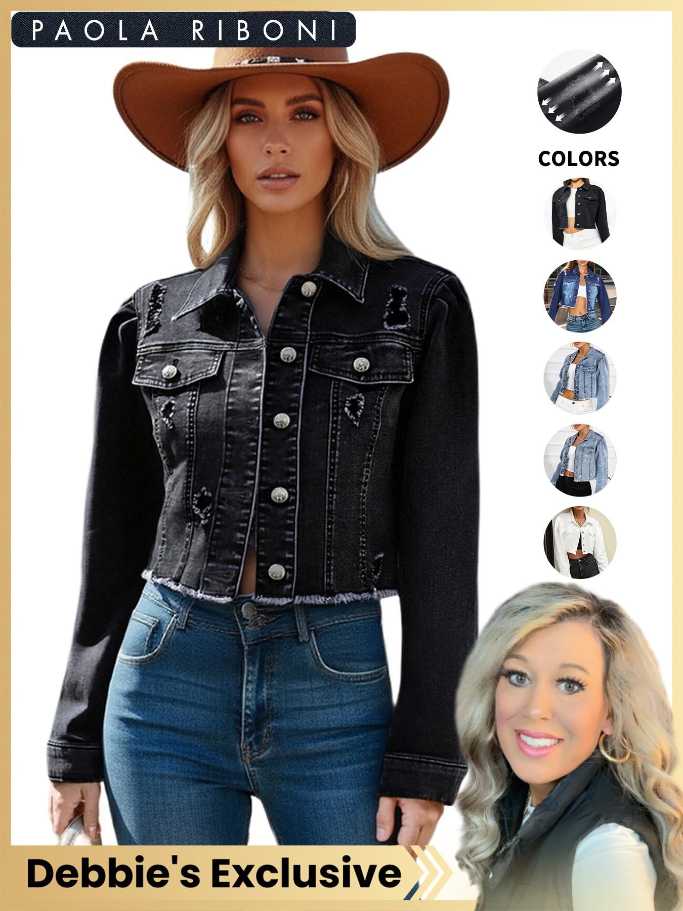 【Debbie's Exclusive】High Elasticity Denim Jacket with Fitted Design, Casual Plain Ripped Style for All Seasons, Long Sleeve Women's Outerwear Coats