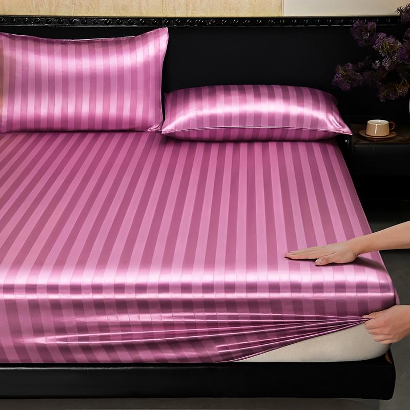 Luxury Striped Satin Fitted Sheet 3 Piece Set, Cooling Deep Pocket, Wrinkle & Fade Resistant, Hotel Style for Hot Sleepers