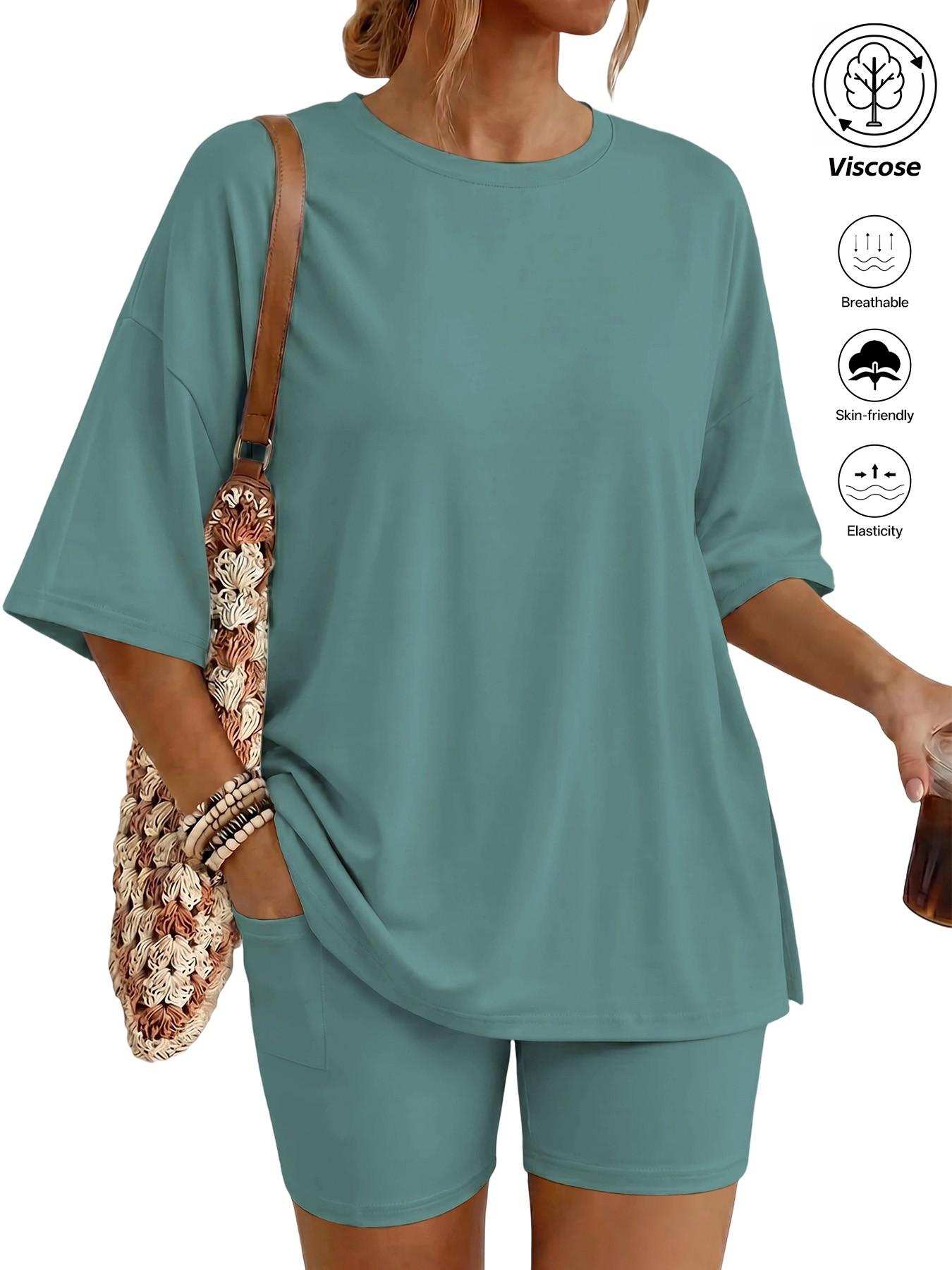 Women's Two Piece Lounge Set Matching, 2026 Summer Casual Basic Oversized Shirts & Biker Shorts, Fitted Plain Design, Perfect for Airport Travel Womenswear Clothes