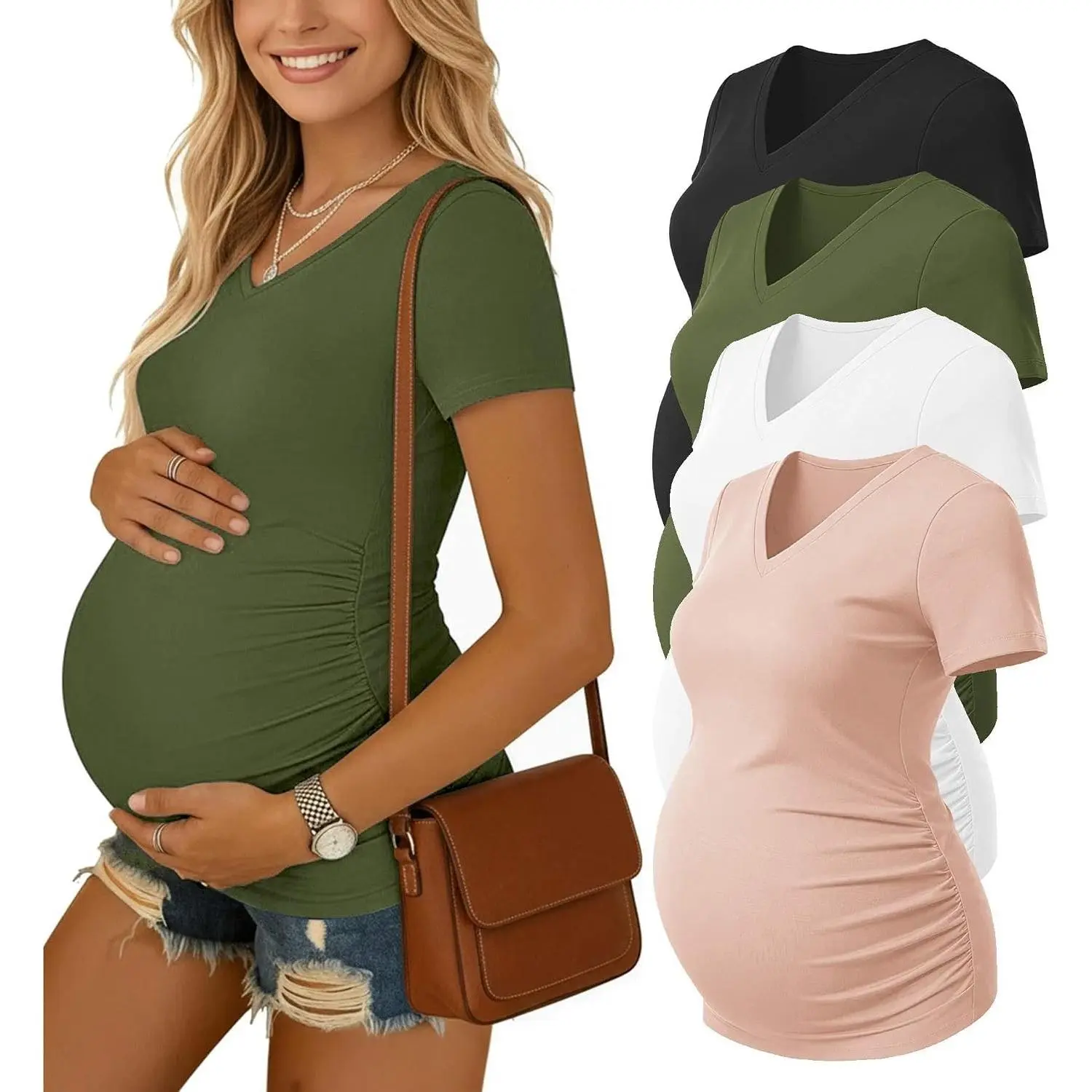 Maternity Shirts 4 Pack V Neck Pregnancy Clothes Summer Tops Tshirt | Maternity Work Clothes Outfits, Short Sleeve Maternity Blouse Side Ruched T-Shirt Gifts for Pregnant Women