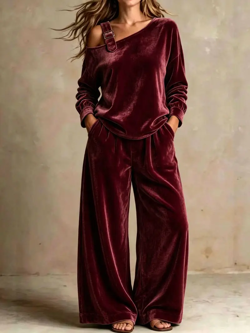 Women's velvet one-shoulder top and pants two-piece set - image 4
