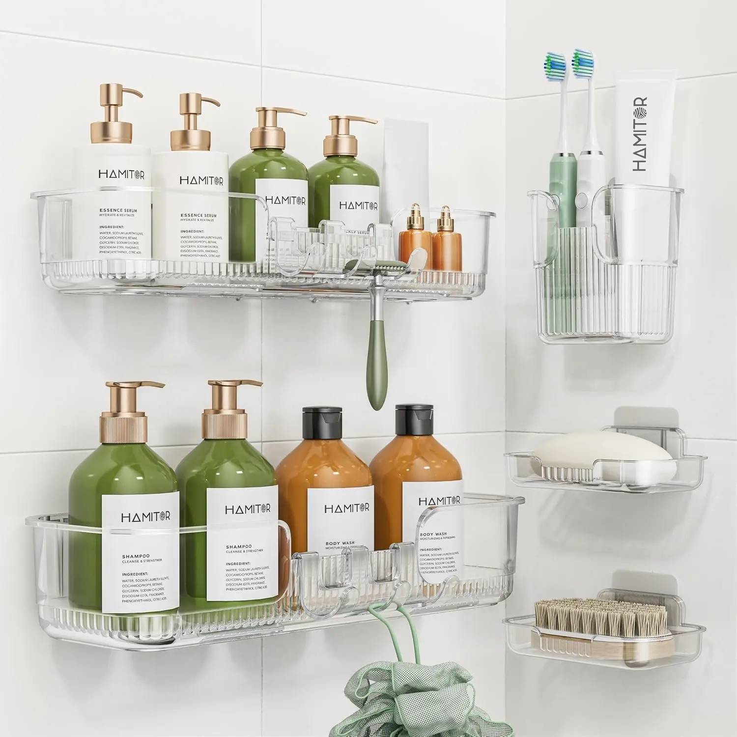 Adhesive Shower Caddy for Bathroom：5 Pack Clear Bath Shelves No Drilling for Modern Renters & Home Decor - Rustproof Acrylic Shower Organizer for Bathroom Storage
