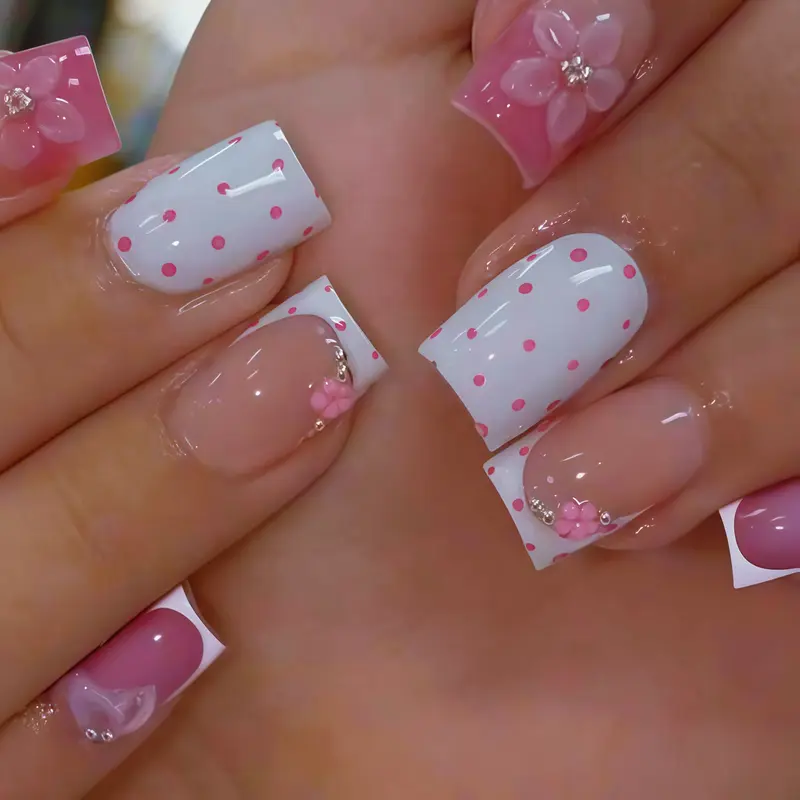 24pcs Y2K Short Square Press-On Nails, 3D Gel Flower, Rhinestone, Polka Dot & Pearl Design, Easy to Wear, Includes Jelly Glue and Nail File, Nails Press Ons