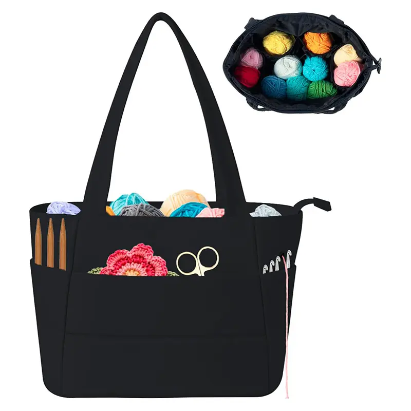 Large Capacity Lightweight Crochet Knitting Yarn Storage Bag With Multiple Internal Compartments. A Spacious Portable Handbag With Various Sewing Supplies, Perfect For Storing DIY Weaving And Handicrafts In Home Fabric Storage