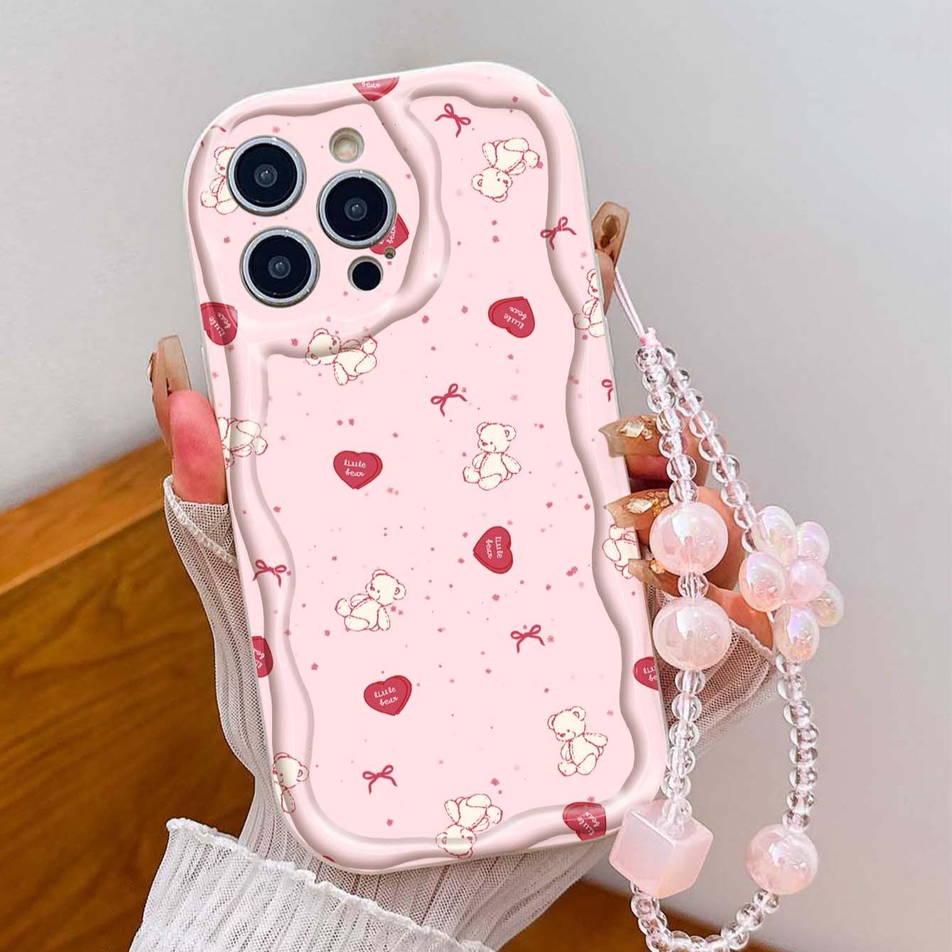 Bear Heart Lanyard Pattern Tpu Wave Edge Anti-Drop Phone Case for Apple iPhone 17 Pro Max/16/16 Pro Max/11/13/14/15, Girl's Gift