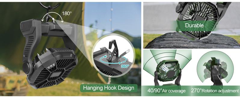 Portable Rechargeable Camping Fan with LED Lantern 10-Inch Battery Operated Outdoor Fan 270° Rotation Quiet Personal USB Cooling Device for Travel Camping