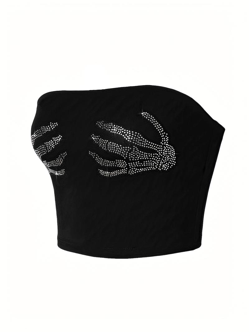 Women's Rhinestone Decorated Skeleton Hand Crop Tube Top, Fashionable Casual Sleeveless Cropped Strapless Top for Daily Outdoor Wear, Ladies Clothes for Summer, Womenswear