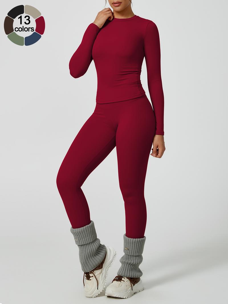 Women's Solid Long-Sleeve Tee & High-Waist Leggings Set, Sporty Round Neck Top & Skinny Pants 2-Piece Set for Gym Workout and Running, Ladies Fall & Winter Sportswear, Sports Fitness Wear