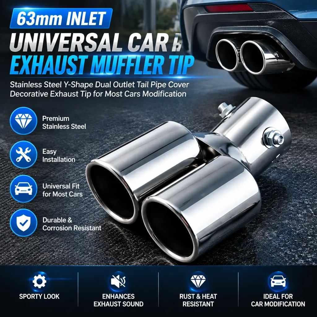 63mm Inlet Universal Car Exhaust Muffler Tip, Stainless Steel Y‑Shape Dual Outlet Tail Pipe Cover, Decorative Exhaust Tip for Most Cars Modification