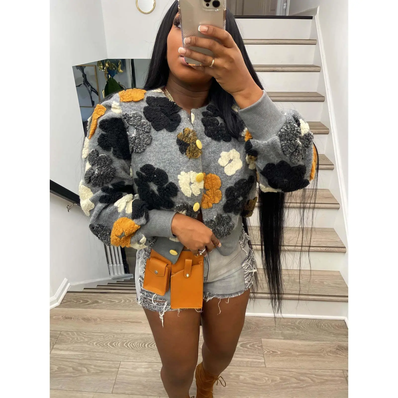 Womens Cropped Floral Jacket Puff Sleeve Fleece Bomber Jacket, Button Down, Long Sleeve, Flower Short Varsity Jacket, Fuzzy Crop Coat