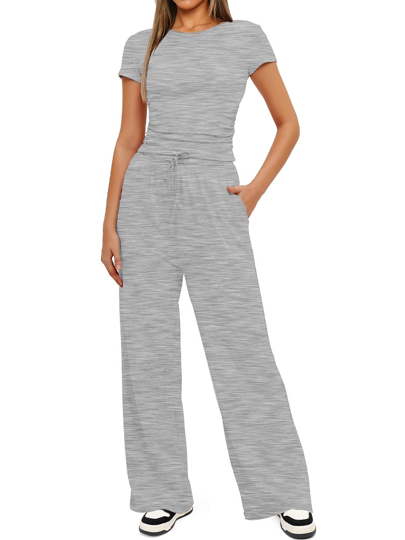 2026 Women's Solid Round Neck Tee & Pants Loungewear Pajamas Two/Six Piece Set, Casual Comfy Pyjama Set for Women, Comfy Loungewear Set for Daily Home Wear