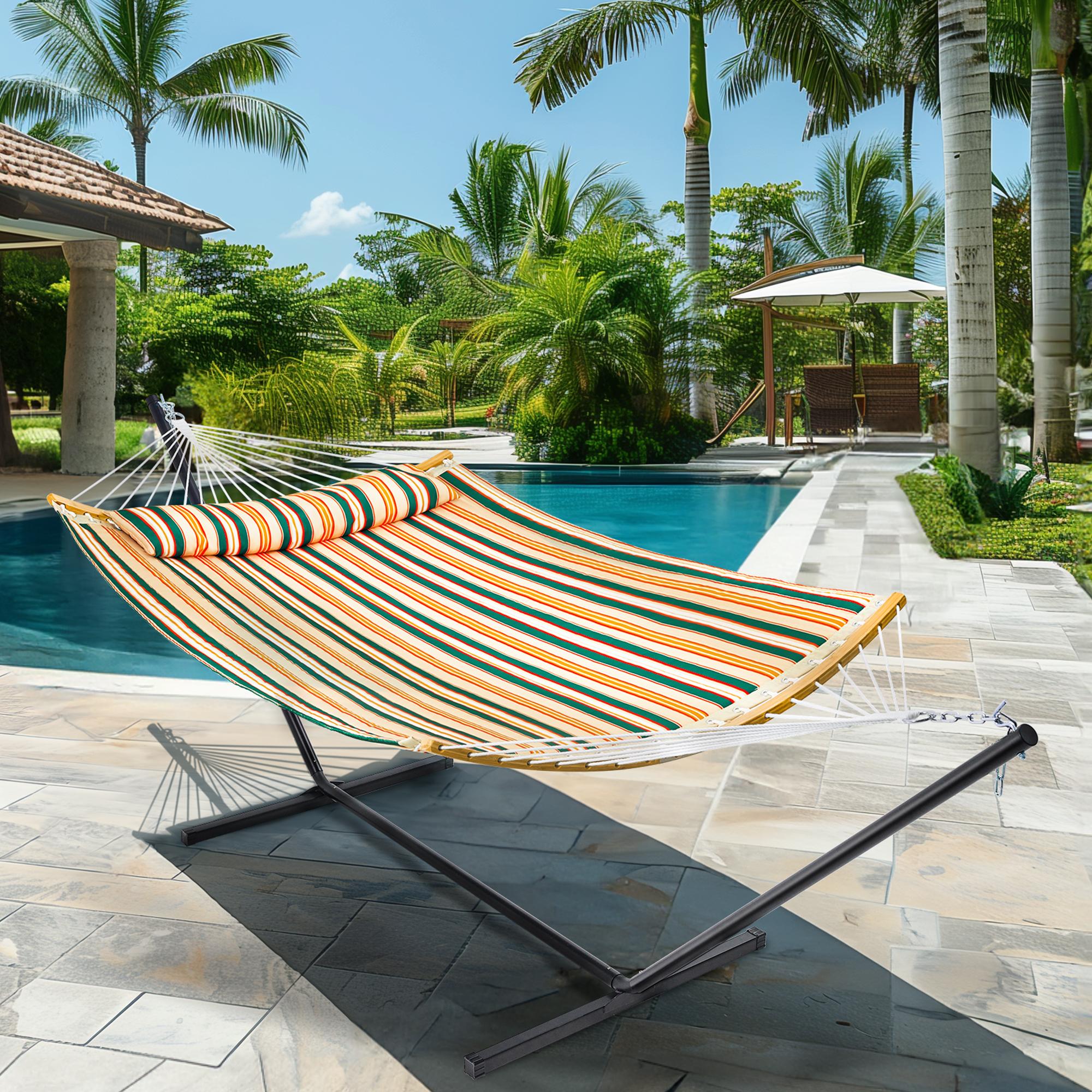 SUPERJARE Hammock with Stand, 2 Person Heavy Duty Hammock with Padded Cotton, Detachable Pillow & Strong Curved-Bar & Portable Carrying Bag, Perfect for Outdoor & Indoor