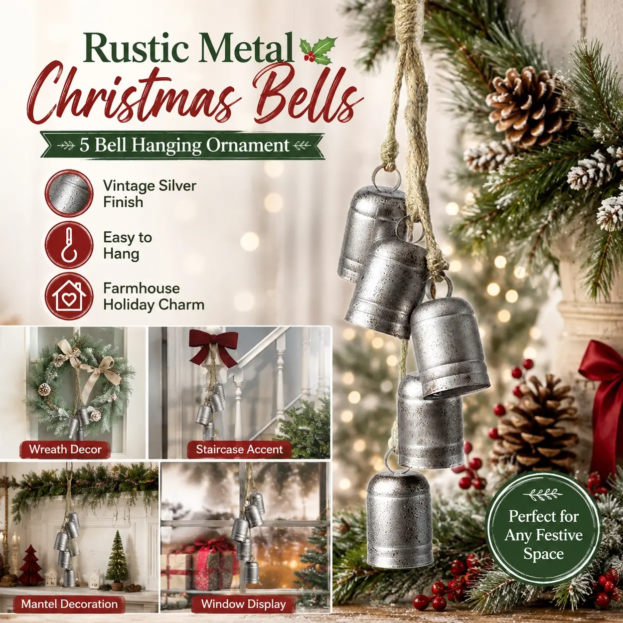 5PCS Rustic Metal Christmas Bells Hanging Ornament, Vintage Silver Jingle Bell Decor with Rope Hanger, Farmhouse Style Holiday Decoration for Door, Wall, Fireplace Mantel, Wreath Accent, Christmas Tree Ornament and Seasonal Home Decor