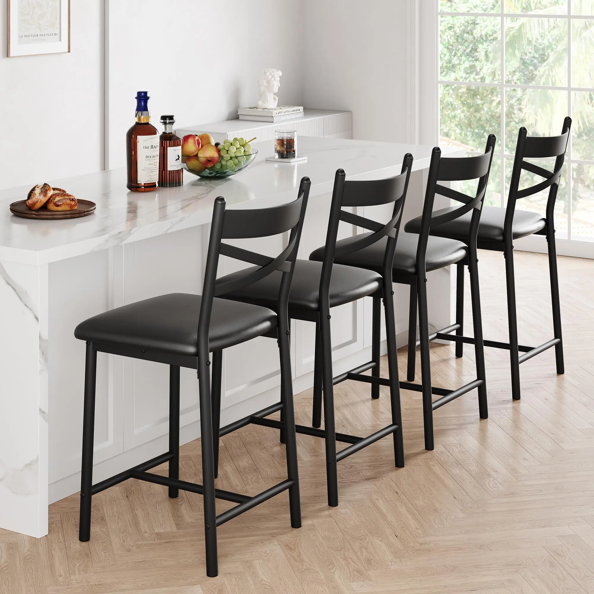 26" Counter Height Bar Stools Modern High Barstools with Back, Metal Legs and Footrest, Faux Leather Bar Chairs, Urban Armless Dining Chairs with Backrest for Kitchen Island
