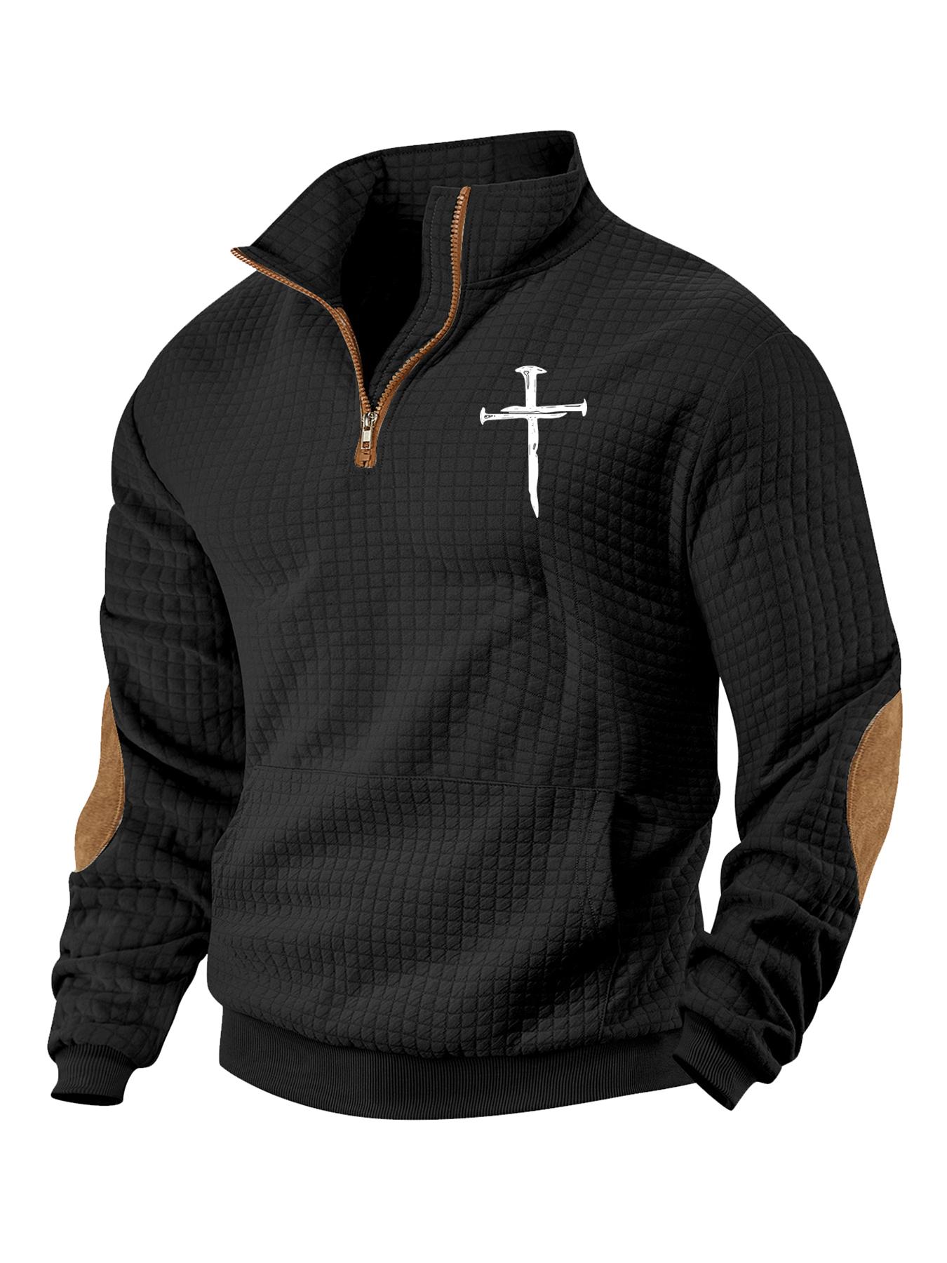 Men's cross-print plain color waffle weave hoodie, long-sleeve stand-up collar pullover, Jesus cross print, quarter z design, winter hoodie, daily holiday wear, street style casual outfit, suitable for spring, autumn and winter seasons.