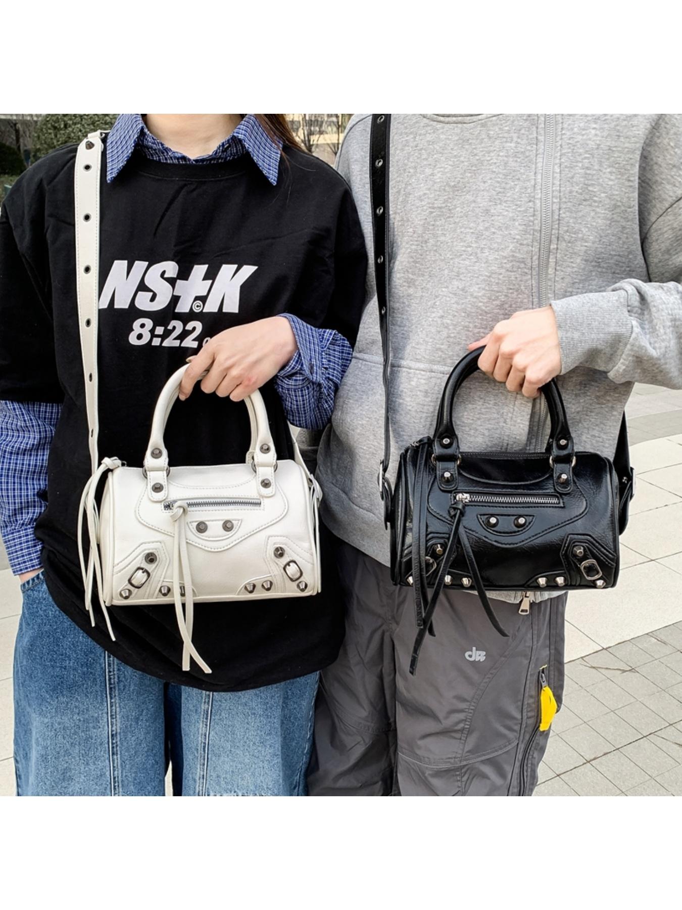 Mini Dark Motorcycle Style Boston Bag for Women, Vintage Chic