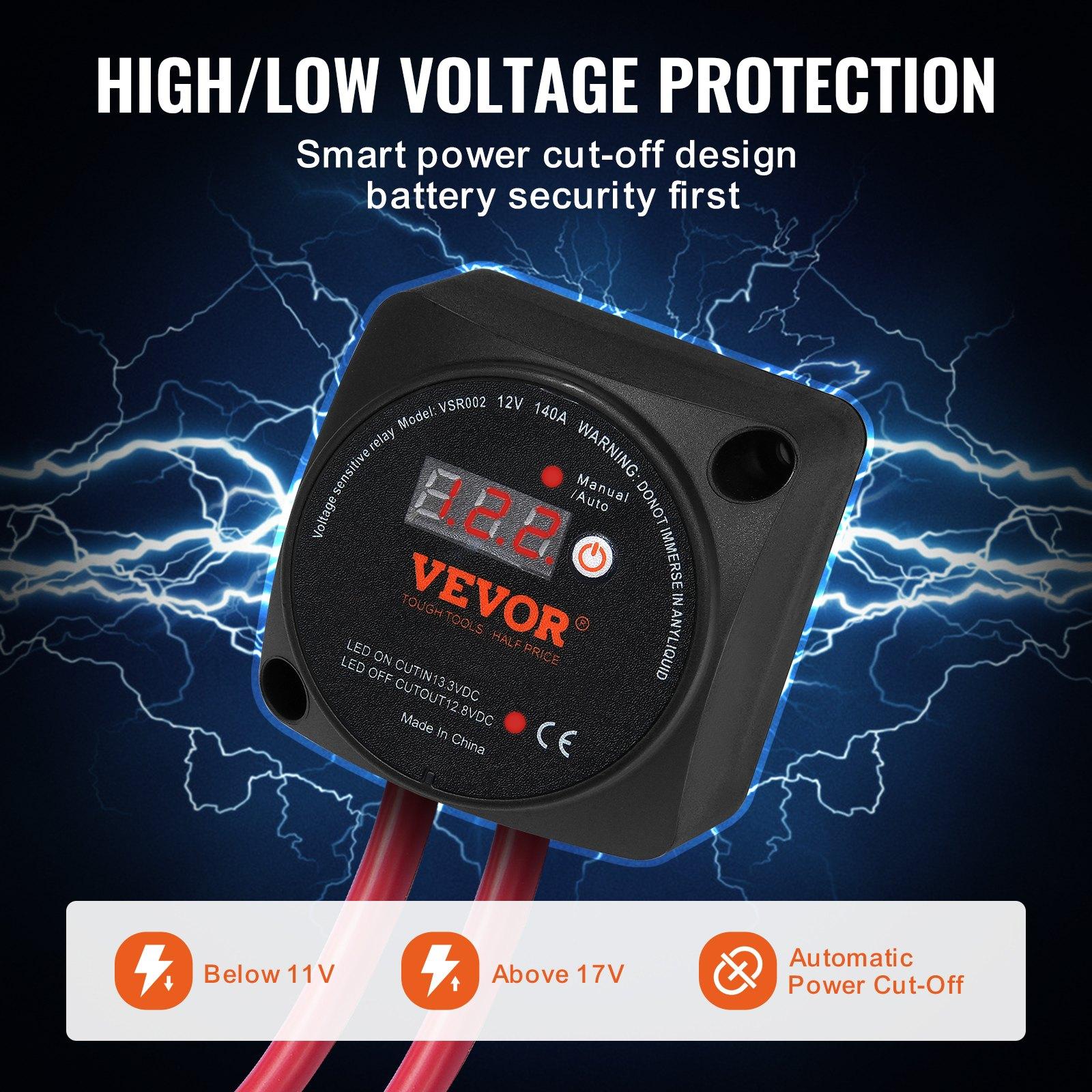 【FathersDayGift】 VEVOR Dual Battery Isolator Kit, 12V 140Amp, Manual and Auto Modes VSR Voltage Sensitive Relay with LCD Screen, Smart Battery Isolator for ATV UTV RV Camper Off-Road Vehicle Caravan Truck Boat Yacht