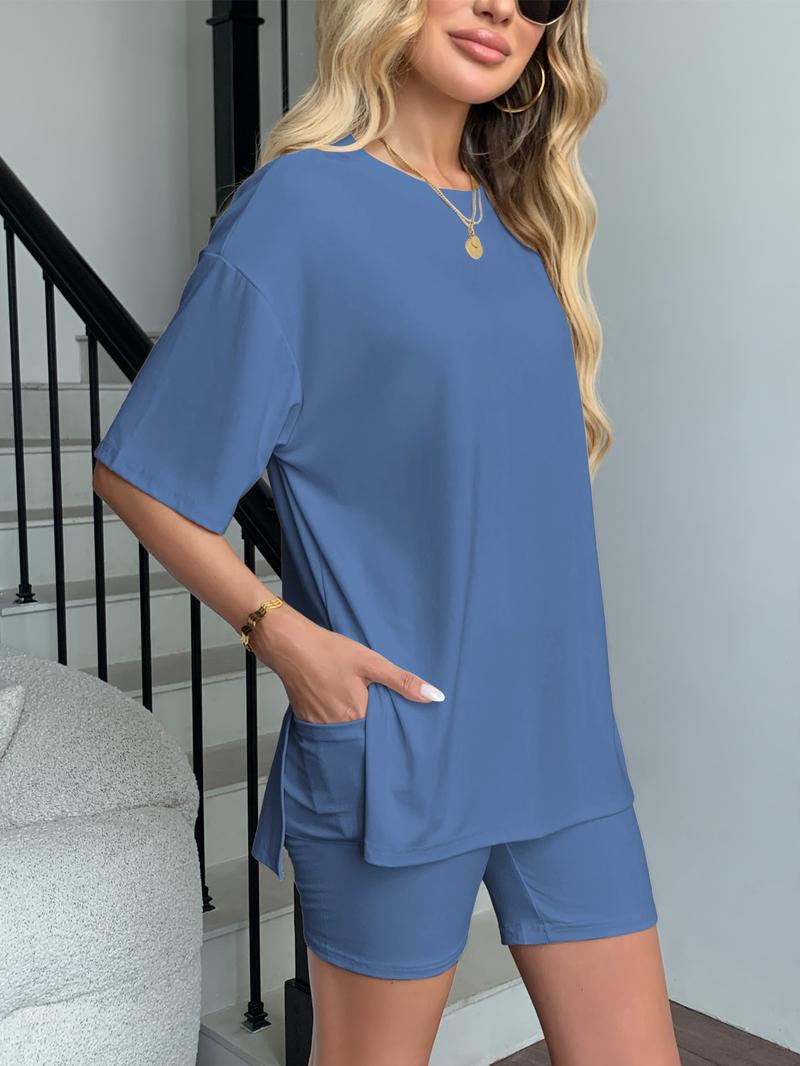 Cozy Mama Lounge Set, Women's 2-Piece, Crew Neck Oversized T-Shirts, Comfortable Home Wear, Perfect for Relaxing at Home