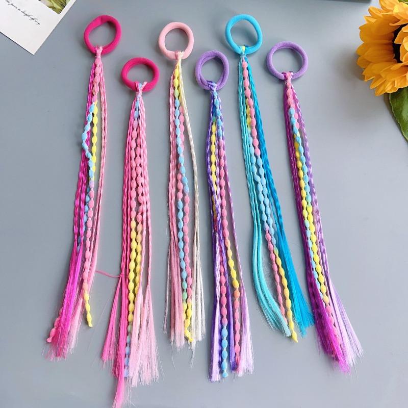 6PCS Pack Girls Hair Accessories Multi-color Wig Braided Hair Ties Sweet Cool Boxing Braids Elastic Bands High Ponytail Bean Braids Hair Rope Hair Accessories Hair Ties