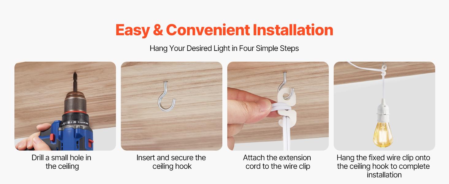 VEVOR Plug in Hanging Light Cord Kit, 16ft Lantern Extension Cords, 2 Pack E26 Light Socket Lamp Cord Replacement, Secure Sturdy, Easy to Install, Pendant Lamp Kit On/Off Switch Socket Rings