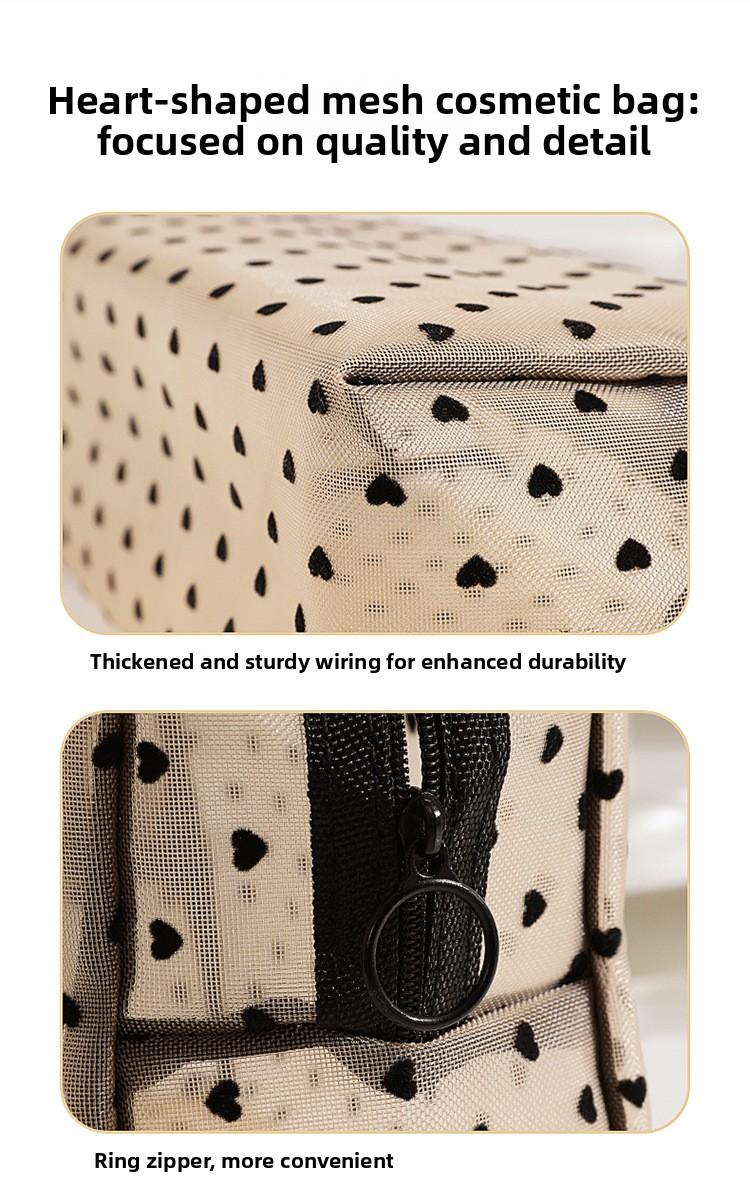 Mesh Makeup Bag Set, Heart Print Cosmetic Bag, Portable Travel Toiletry Bag for Women, Cute Makeup Organizer Pouch