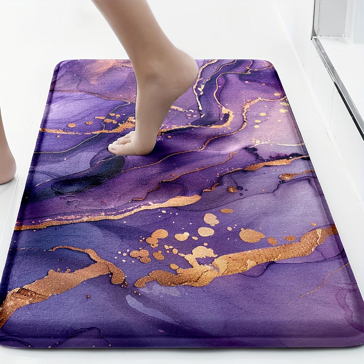 3pcs Purple Marble & Golden Flannel Bathroom Mat Set - Non-Slip, Soft, 100% Polyester, Modern Design - Includes U-Shaped Toilet Mat, Toilet Lid Cover & Rectangular Rug - Stylish Home Decor Accessories, Bathroom Deco