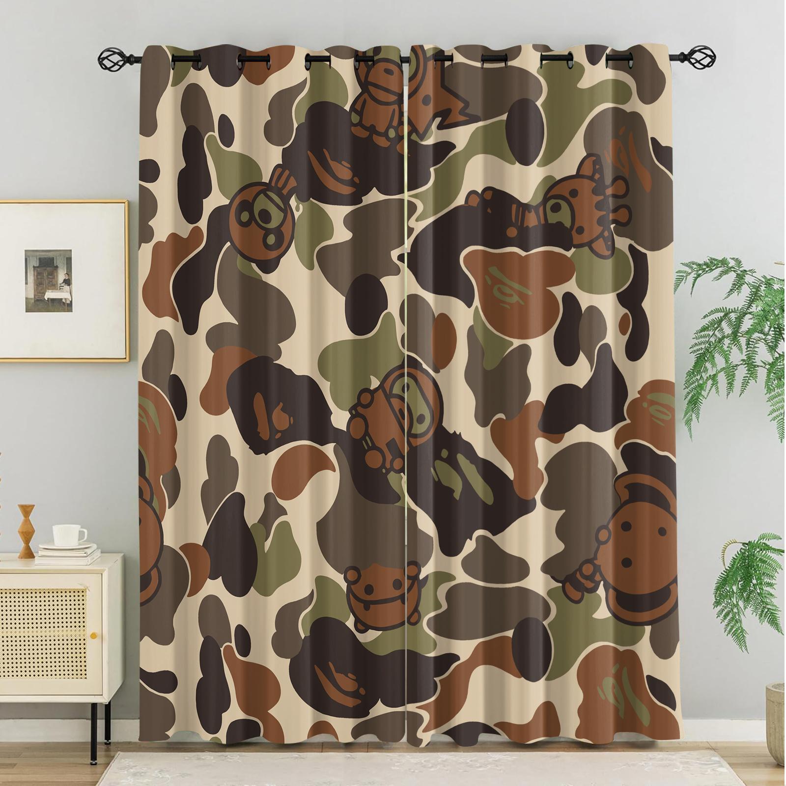 2-Pack Camouflage Print Blinds, Bape'S Iconic Ape Head Pattern Blackout Blinds, Grommet Blackout Curtains, Trendy Street-Style Children'S And Teenagers' Bedroom Blinds, Machine Washable, 2-Pack.
