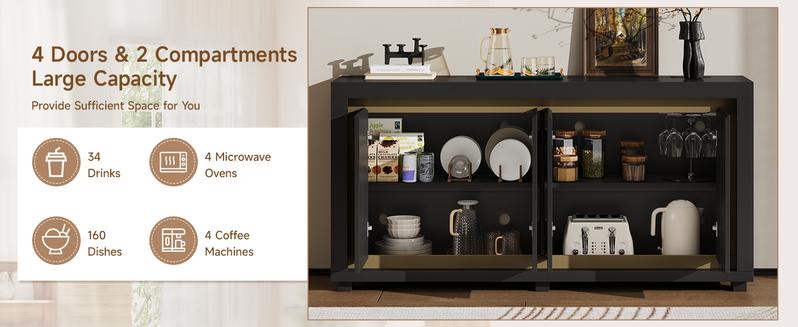 【Modern LED Storage Cabinet】ONBRILL 63"Sideboard Buffet Cabinet,Kitchen Buffet Storage Cabinet with Power Outlets & LED Light, Modern Storage Cabinet with 4 Doors,Coffee Bar Console Wine Bar for Living Room,Kitchen,Hallway
