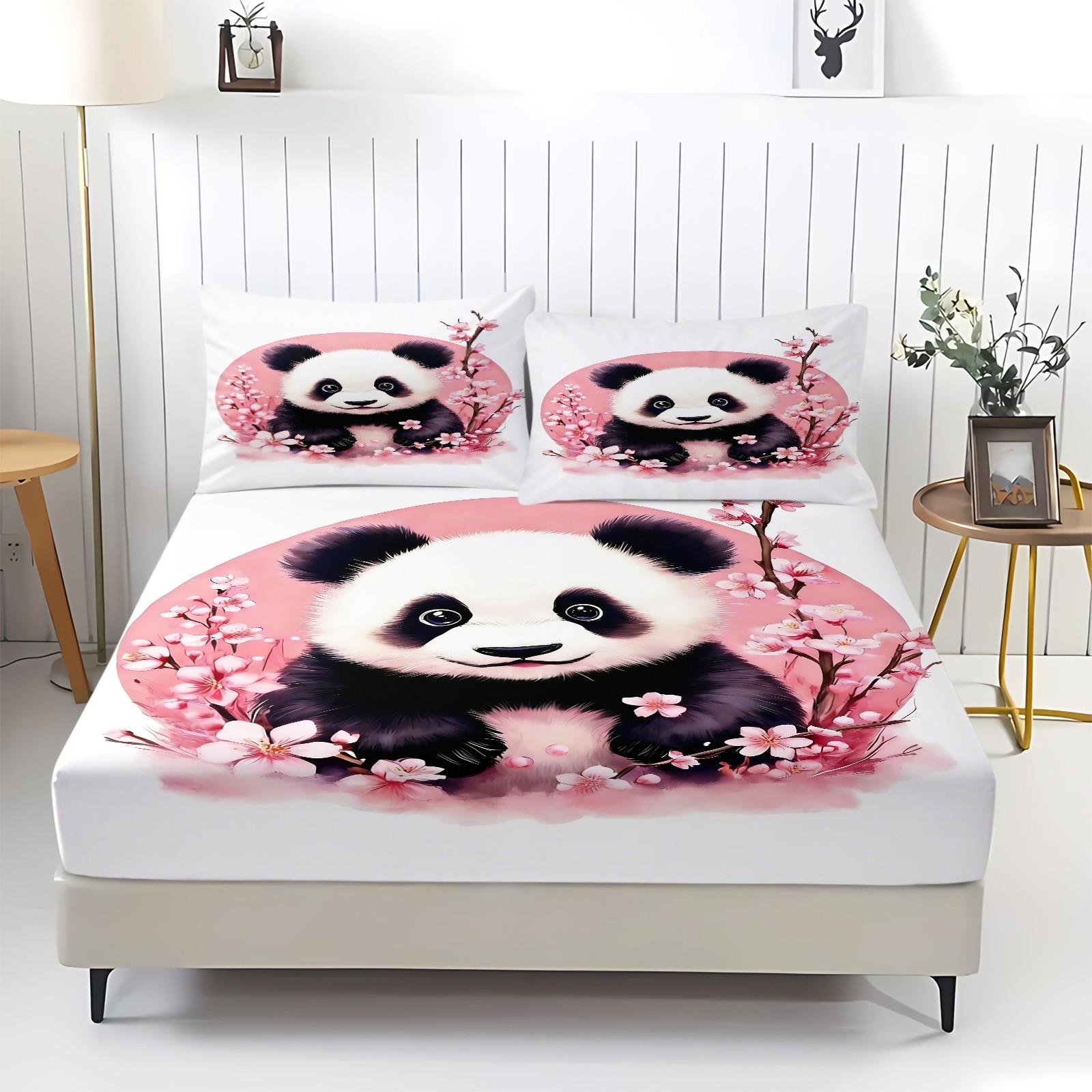 Cute Panda Cherry Blossom Fitted Sheet Set, Watercolor Floral Panda Bedding for Girls, All Season Panda Bedding, Perfect Gift for Panda Lovers Cute Panda Cherry Blossom Fitted Sheet Set, Watercolor Floral Panda Bedding for Girls, All Season Panda Bedding, Perfect Gift for Panda Lovers