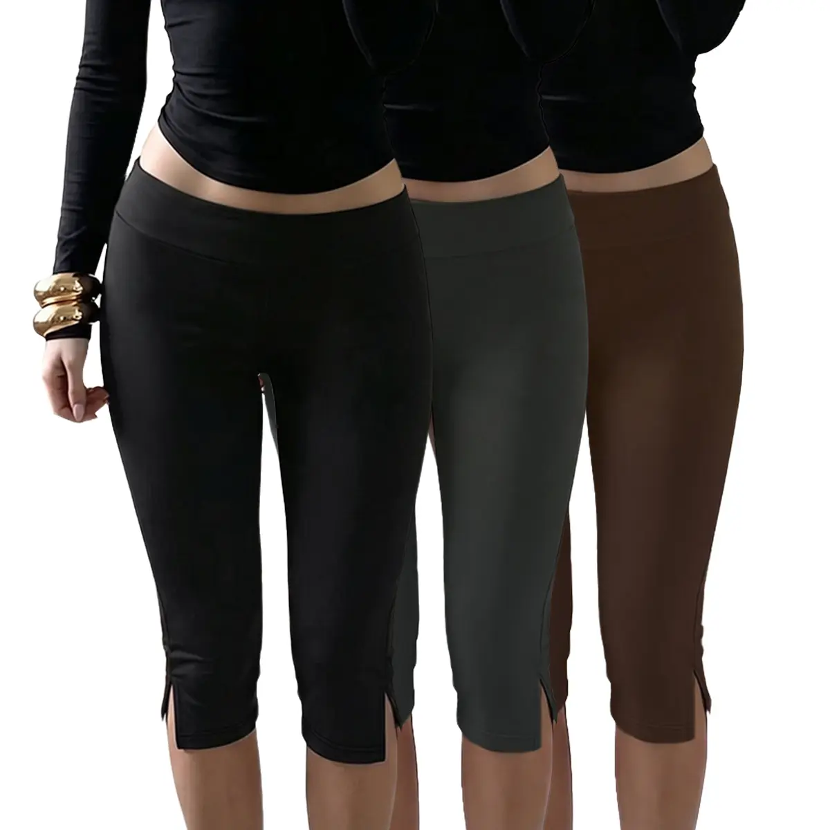ASANDY Women's High Waist Capri Leggings with Split Hem, Stretchy Slim Fit Cropped Yoga Pants, Soft Comfortable Workout Leggings for Gym, Running, Casual Daily Wear