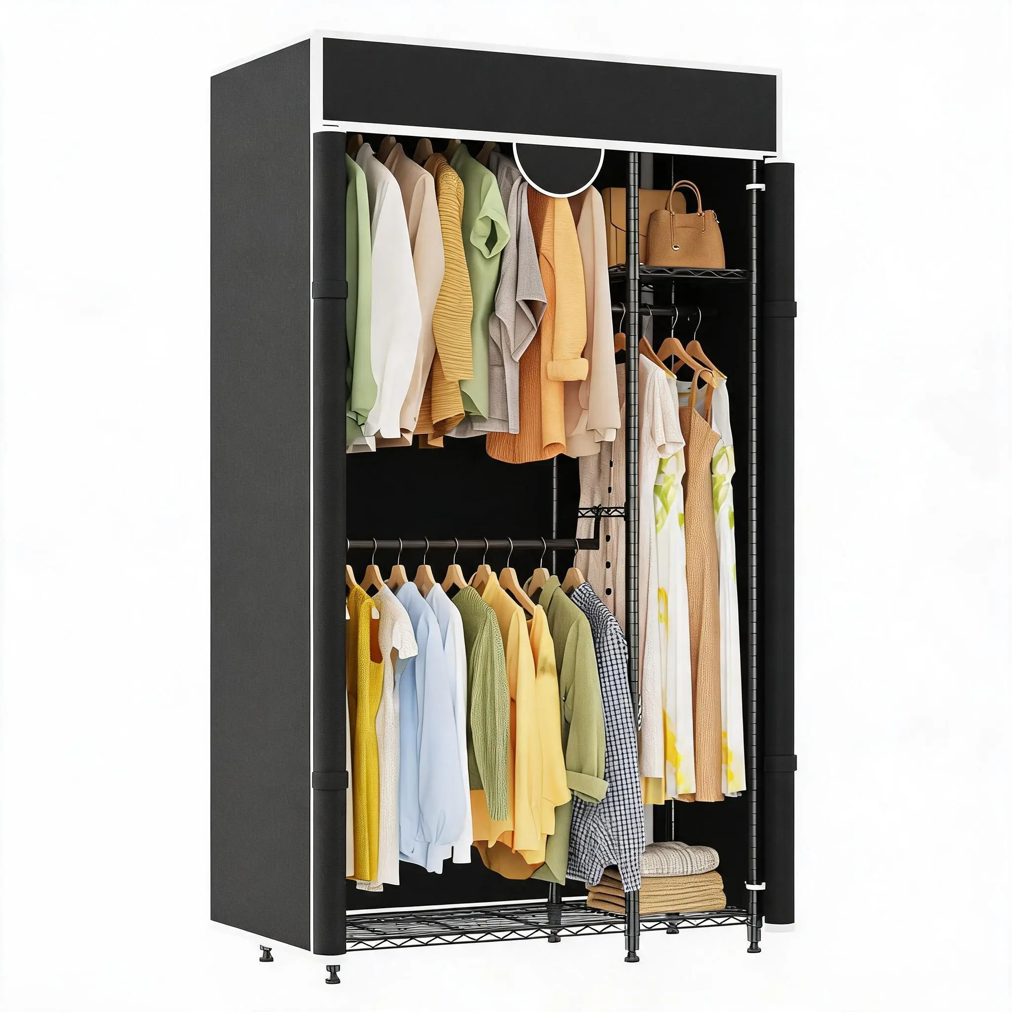Heavy Duty Clothes Rack with Cover – Carbon Steel Garment Rack, 720 lbs Load, Adjustable Shelves & Rods, Zippered Cover, Side Hooks