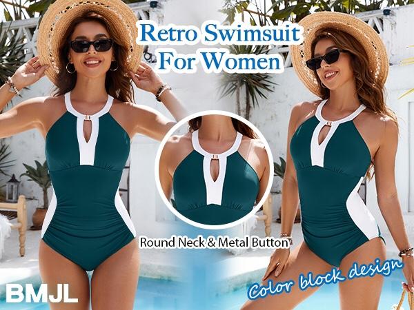 BMJL Plus Size Full Coverage Retro Color Block Swimwear Women Tummy Control Modest One Piece Swimsuit