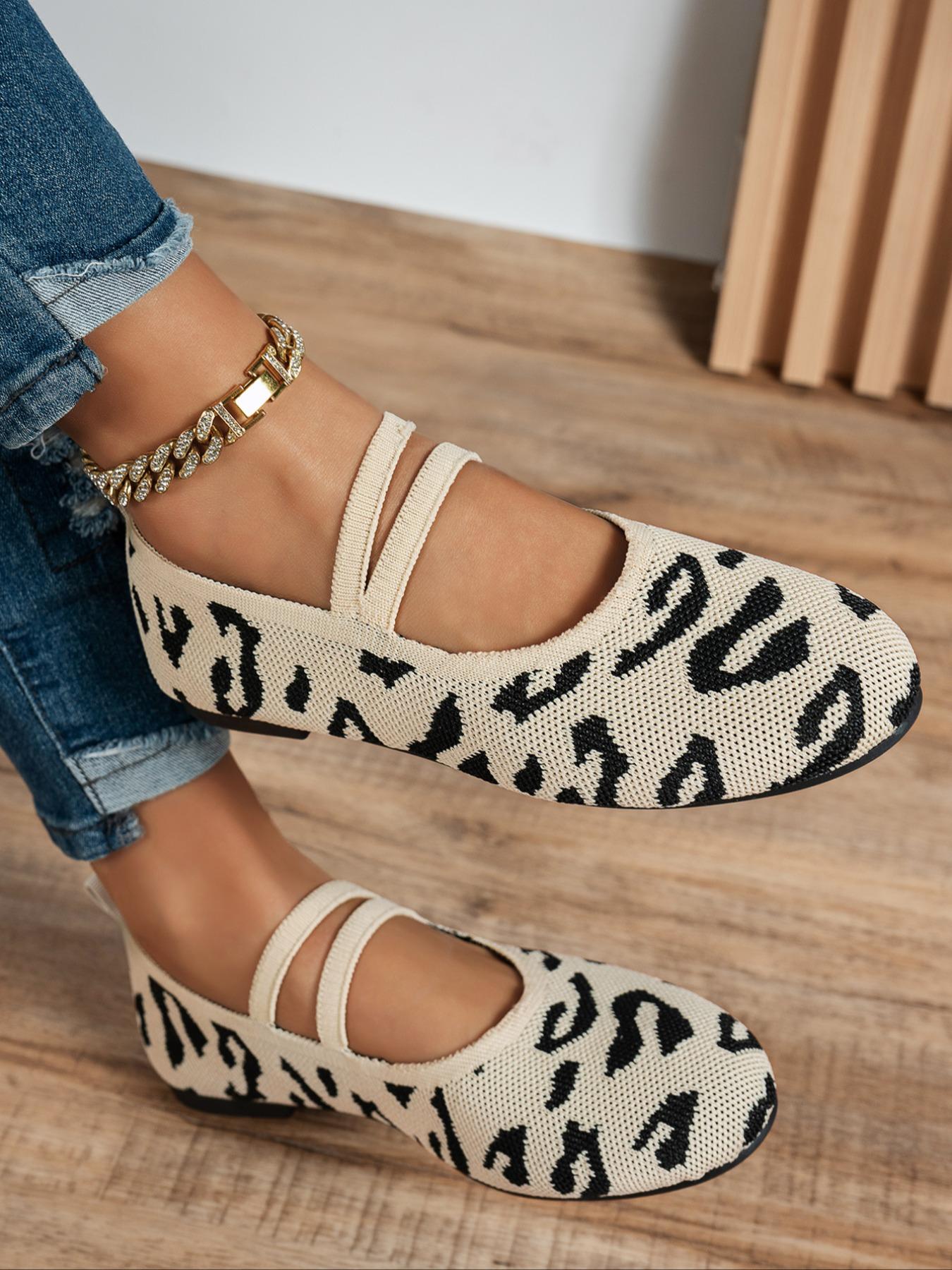 Women's Fashion Knitted Leopard Print Casual Trendy Flat Shoes, Elegant Versatile Basic Design, Comfortable Large Size, Suitable for Home and Outdoor