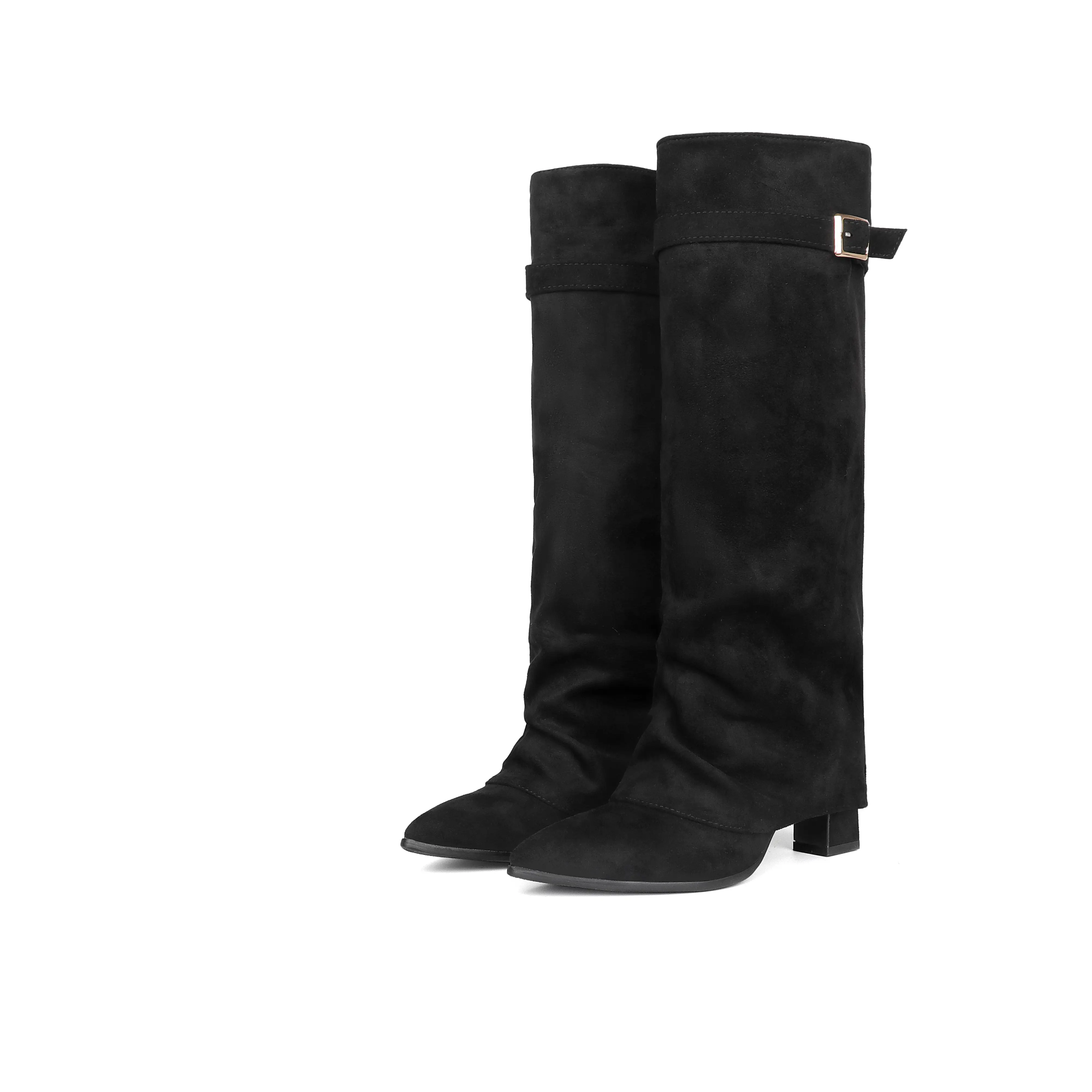 Women's Fold-Over Top Knee-High Boots - Pointed Toe Block Heel Footwear, 2026 Fall Casual Plain Finish, Side Zipper for Work & Events