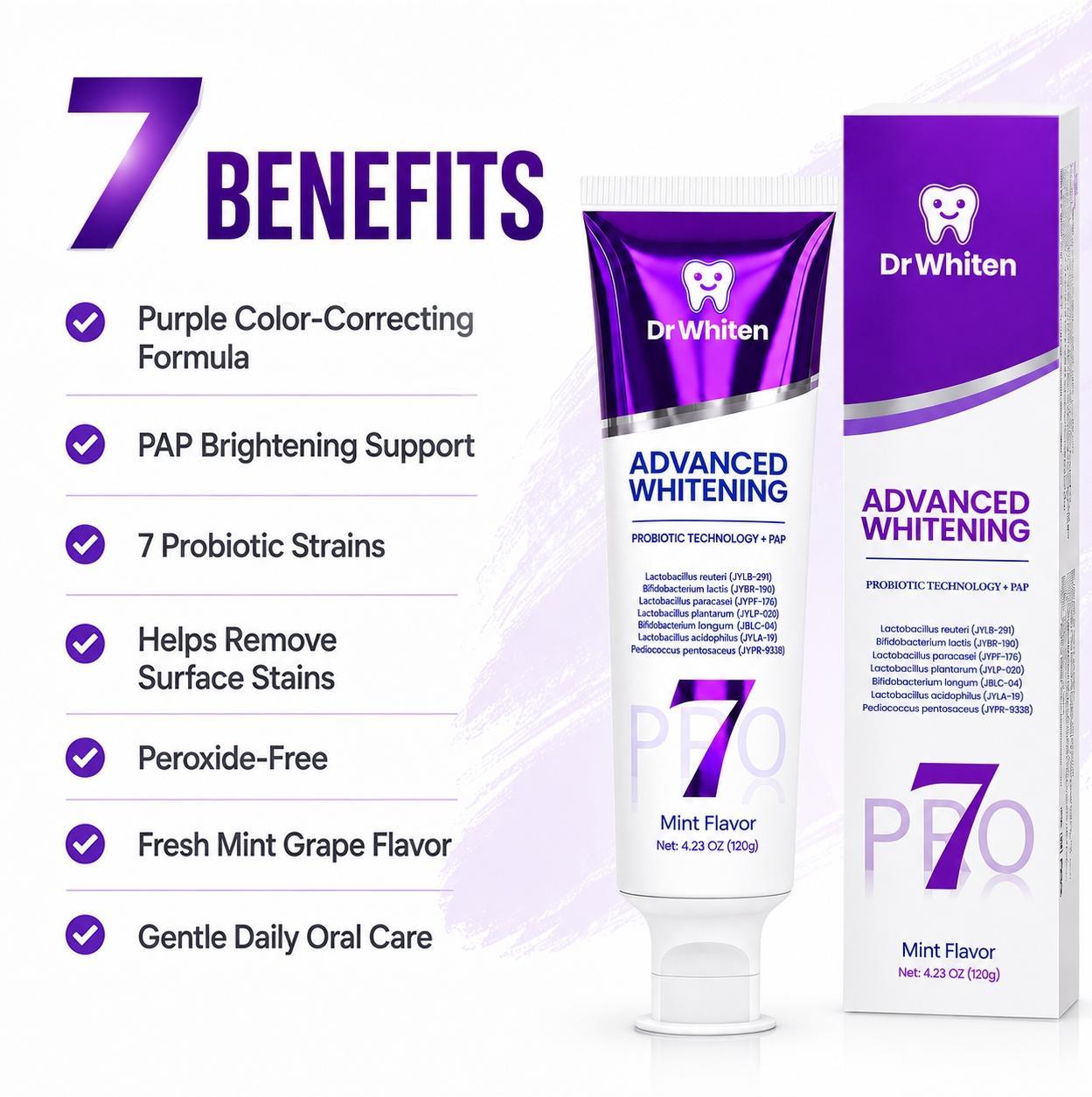 7-Pro Purple Color-Correcting Toothpaste, PAP Color Correcting Formula, 7 Probiotic Strains, Peroxide Free Mint Grape Toothpaste, Helps Clean Surface Stains Oral Whitening